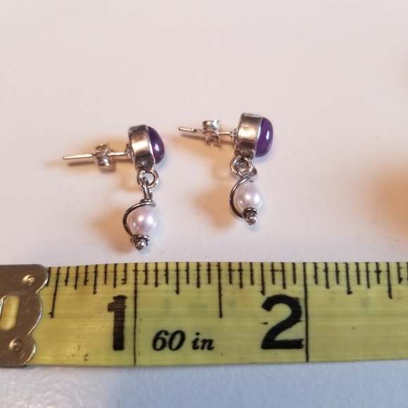 Sterling Silver Amethyst and Pearl Dangle Earrings - Picture 3 of 4
